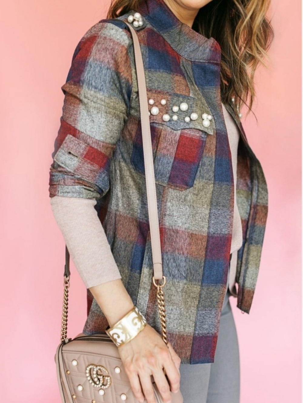 Cabi Collage Plaid Zip Front Shirt Jacket M Pearl Embellishments